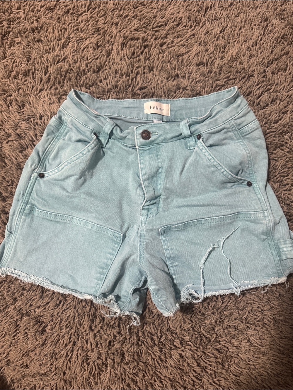 bohme Teal Blue Distressed Denim Shorts